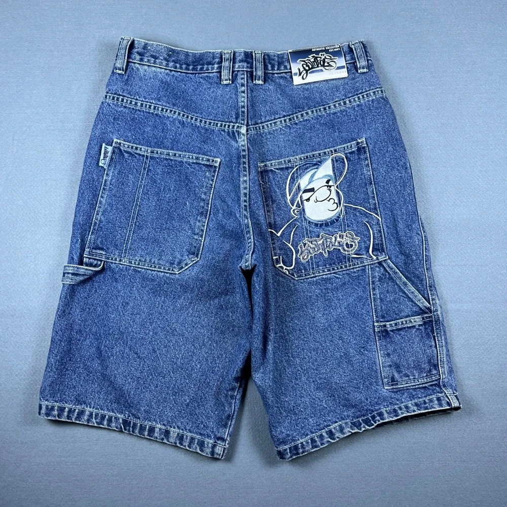 Southpole Mens Vintage Baggy Carpenter Denim Shorts Blue Embroidered Size 34